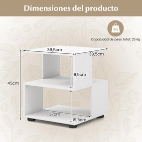 Mesa de apoio ou mesa de cabeceira de 3 níveis com prateleiras para arrumação e almofadas antiderrapantes 39,5 x 39,5 x 45 cm Branco