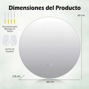 Espelho redondo LED de 60 cm com luz; espelho de casa de banho para montagem na parede com intensidade de luz ajustável e controlo tátil