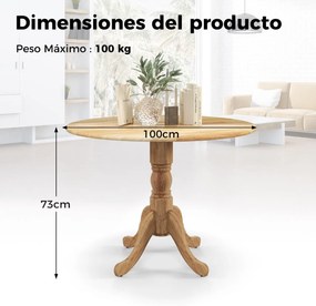 Mesa de jantar redonda de 100 cm para 4 pessoas em madeira de cauchu com base em pedestal para sala de estar e sala de jantar Cor Natural