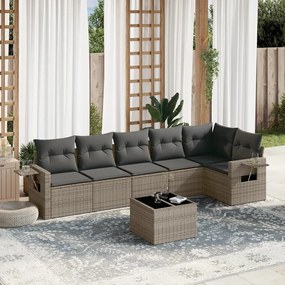 7 pcs conjunto sofás p/ jardim c/ almofadões vime PE cinzento