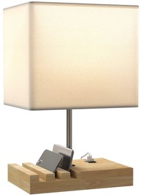 Candeeiro de Mesa com Portas USB-A/C Três Ranhuras para Telemóveis Base de Madeira e Ecrã de Tecido E27 40W 25x20x40,5 cm Branco