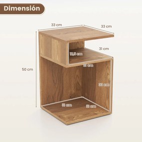 Mesa de cabeceira 33 x 33 x 50 cm em forma de S com 2 compartimentos abertos, castanho natural