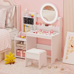 Toucador infantil com espelho e luzes para princesas, com estantes e ranhuras para anéis e banquinho branco