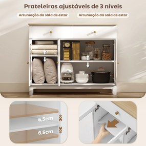 Aparador Branco 3 Portas de Vidro Aparador Sala de Estar Moderno com 2 Gavetas e Prateleiras Ajustáveis 100x35x80,3 cm