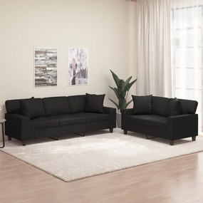 vidaXL 2 pcs conjunto sofás c/ almofadas/almofadões couro artif. preto