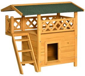 Casa para Gatos de Madeira 77x50x73cm Casa para Gatos com 2 Níveis com Teto Asfáltico Terraço Cercado Caverna Madeira Natural