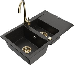 Mexen Gaspar lava-loiça de granito 1,5-cubas com escorredora e torneira de cozinha Telma, preto/dourado - 6507-75-670200-50