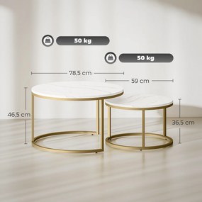 Conjunto de 2 Mesas Baixas Encaixáveis, 78,5 x 78,5 x 46,5 cm, Tampo com Imitação de Cimento, Branco e dourado