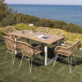 Conjunto De Mesa Retangular 180x90 Cm Em Madeira De Acácia E Aço Maupi E 6 Cadeiras De Jardim Em Vime Sintético Zole Gardénia Branco & - Sklum
