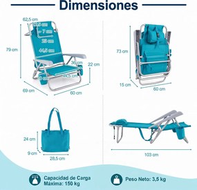Conjunto de 2 Cadeiras de Praia, 69 x 60 x 79 cm, Encosto Regulável em 7 Posições, Turquesa