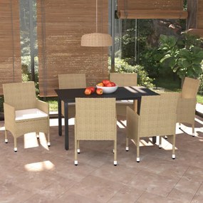 vidaXL 7 pcs conjunto jantar p/ jardim c/ almofadões vime PE bege