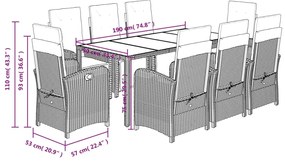 9 pcs conjunto de jantar p/ jardim c/ almofadões vime PE cinza