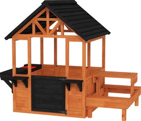 AIYAPLAY Casinha Infantil Exterior e Interior de Madeira com Barra de Snacks e Bancos Mesa Lateral Lavatório Floreiras Castanho Claro | Aosom Portugal