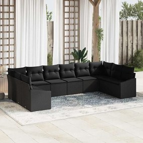vidaXL Conjunto de Sofá de Jardim de 10 Peças com Almofadas Rattan Preto