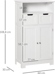 Armário de Casa de Banho com 2 Portas Prateleira Ajustável 2 Gavetas e Compartimento Aberto Móvel Auxiliar de Armazenamento para Sala de Estar Cozinha