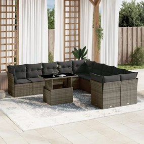 11 pcs conjunto sofás de jardim c/ almofadões vime PE cinzento