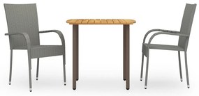 3 pcs conjunto de jantar para jardim vime PE cinzento