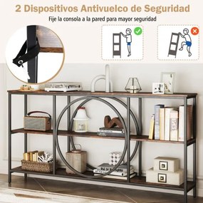 Mesa consola de 3 níveis com imitação de madeira com estrutura metálica 180 x 30 x 90 cm Castanho rústico + preto