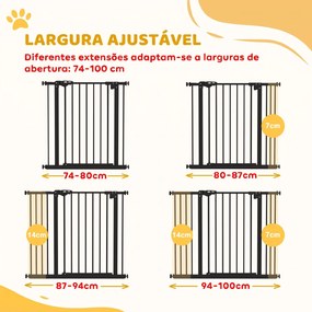 Barreira de Segurança para Cães 74-100 cm com Extensões, Montagem por Pressão e Duplo Bloqueio, Preto