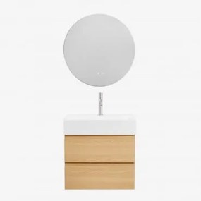 Conjunto De Móvel De Casa De Banho Em Madeira E Chapa De Freixo Com Lavatório Integrado Ona Madeira Natural & Redondo Led E - Sklum