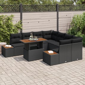 Conjunto de Sofás de Jardim vidaXL de 9 Peças com Almofadas Preto Poli
