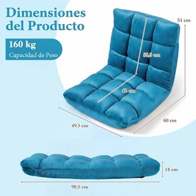 Sofá de Chão Dobrável, 98 x 49 x 13 cm, Encosto Ajustável em 14 Posições, Azul