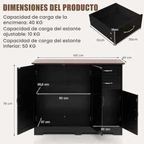 Armário de cozinha com 2 portas 2 gavetas Buffet sala de jantar 100 x 40 x 78 cm Preto