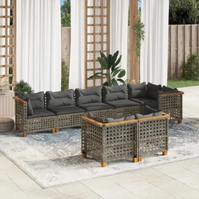 8 pcs conjunto sofás de jardim c/ almofadões vime PE cinzento