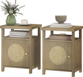Conjunto de 2 mesas de cabeceira estreitas  40 x 35 x 55 cm,, com prateleira auxiliar, compartimento aberto e armário, acabamento em rattan, castanhas
