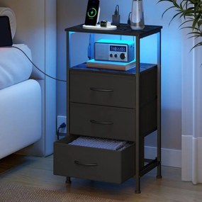 Mesa de cabeceira  com tomada LED, 39,6 x 30 x 75,9 cm, 3 gavetas tecido Preta