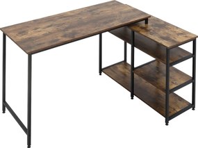 Mesa de escritório de canto, com 3 prateleiras e com acabamento em madeira envelhecida e metal preto