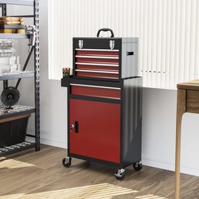 Armário de ferramentas com fechadura e rodas, com 5 gavetas e porta, com rodas, para a oficina e para casa, vermelho