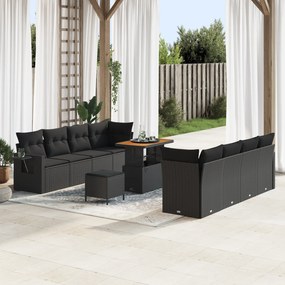 Conjunto de Sofá de Jardim com 11 Peças com Almofadas Preto de Rattan