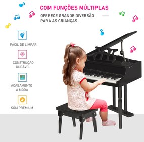 Mini piano infantil com banco 30 teclas com suporte para partitura 52x50x49 cm preto