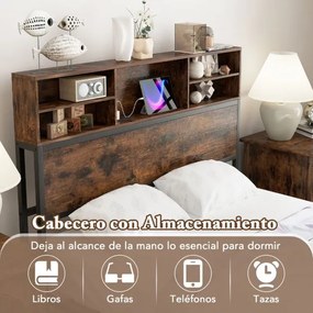 Cama de casal com estação de carregamento, estrutura de cama metálica com cabeceira e espaço de arrumação 200 x 140 cm (colchão não incluído)