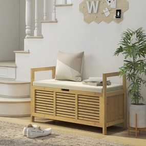 Banco com espaço de arrumação 100 x 40 x 60 cm e compartimento oculto sob o assento, com almofada e apoio de braço, cor natural