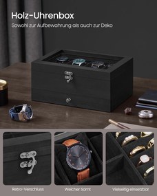 Caixa para relógios com 8 compartimentos e tampa de vidro 19 x 27 x 12,5 cm, na cor Preto