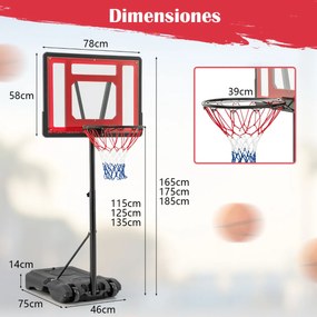 Cesto de basquetebol para crianças Adolescentes Adultos 115-135 cm Altura ajustável  Suporte de basquetebol portátil com rodas Vermelho