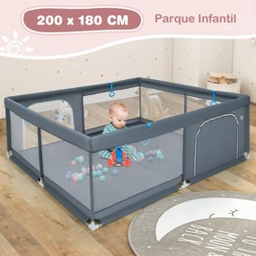 Parque infantil com malha respirável e bolas macias Base antiderrapante 200 x 180 x 68 cm-Cinza