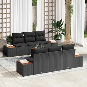 vidaXL Conjunto de Sofá de Jardim de 7 Peças da com Almofadas em Rattan Sintético Preto e Acácia