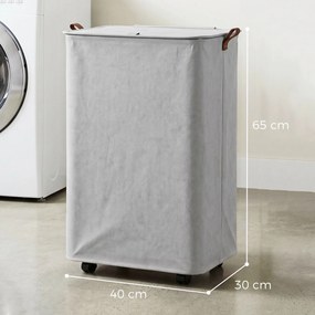Cesto de Roupa Suja com Tampa e Rodas, 50L, Dobrável com Saco com Cordão Removível, 40x30x65 cm, Cinzento