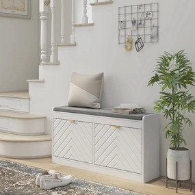Banco para sapatos, banco com arrumação 106 x 24 x 52,5 cm, assento almofadado, gaveta rebatível, porta com padrão , branco