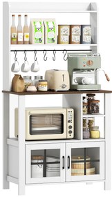 Armário de Cozinha Alto Móvel Auxiliar de Cozinha com 6 Ganchos para Chávenas 2 Portas de Vidro Prateleiras Abertas  80x40x152 cm Branco