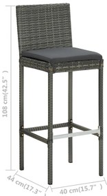 Bancos de bar p/ jardim com almofadões 2 pcs vime PE cinzento