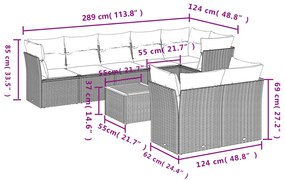 9 pcs conjunto de sofás p/ jardim com almofadões vime PE bege