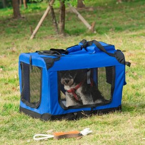 Transportadora para Cães e Gatos Respirável Dobrável com Almofada Janela de Malha e 2 Bolsos 60x42x42 cm Azul