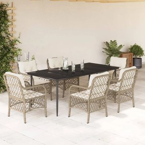 7 pcs conjunto de jantar p/ jardim com almofadões vime PE bege