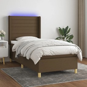 Cama box spring c/ colchão/LED 90x190 cm tecido castanho-escuro