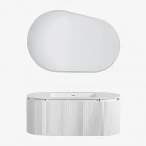 Conjunto De Móveis De Casa De Banho Em Madeira Com Lavatório Integrado Carsone Branco & Sem Unidade Auxiliar & Oval Led E Anti-embaciamento - Sklum