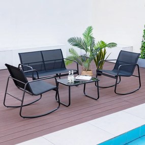 Conjunto de cadeiras de baloiço de jardim de 4 peças, com 2 cadeiras de baloiço Sofá de 2 lugares e mesa com tampo de vidro Preto